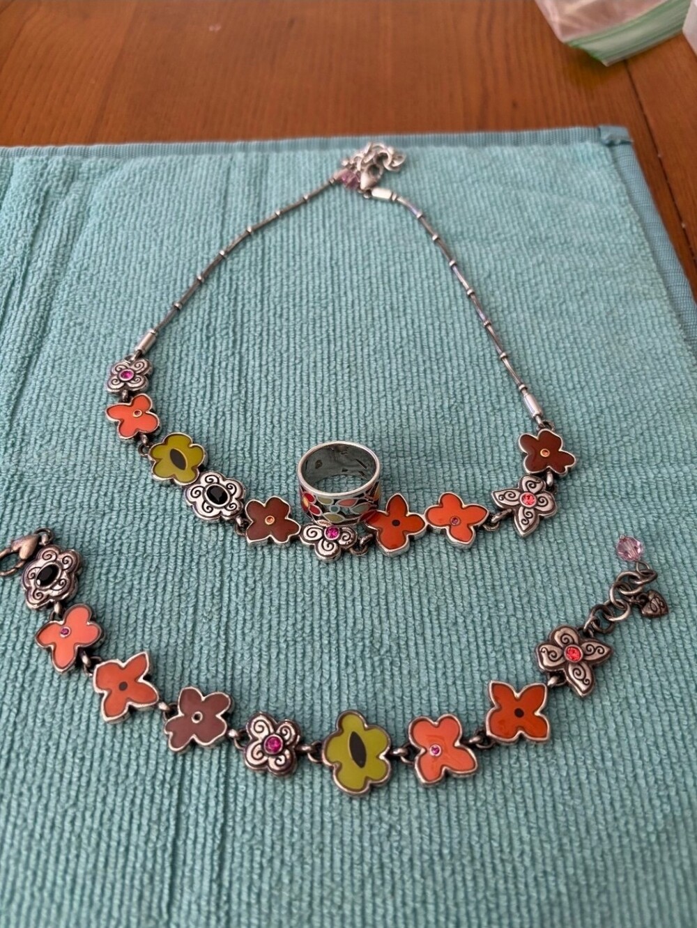 Brighton Silver Orange Meadow Art Flora Necklace, Ring, Bracelet Bundle